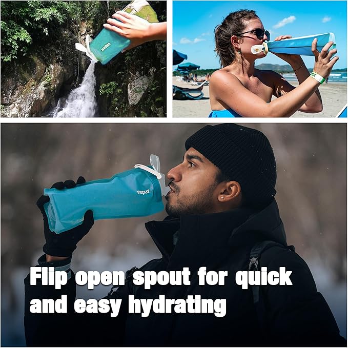 Vapur Collapsible Water Bottle With Carabiner, Compact Bottle Folds Flat For Hydration On The Go, Ideal for Traveling, Hiking or Camping, 16 Ounce, Malibu, Pack of 1