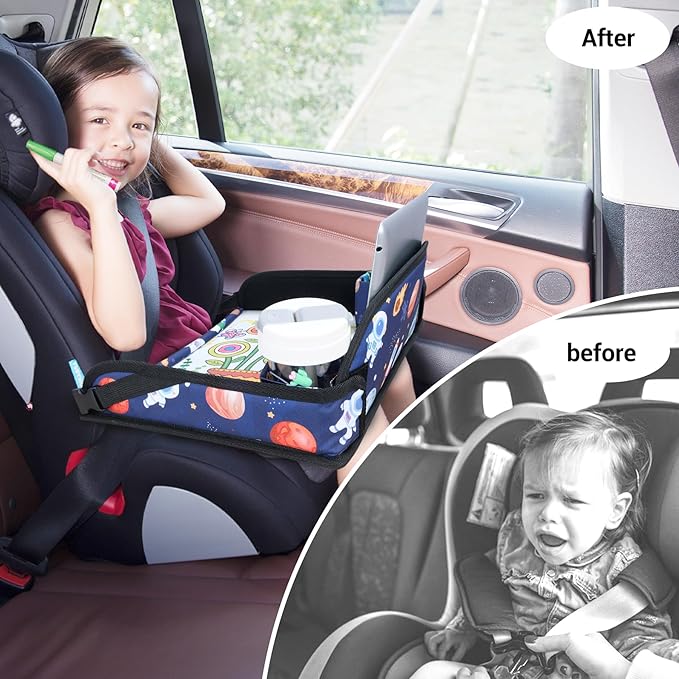 COOLBEBE Kids Travel Tray for Toddler Car Seat, Travel Tray for Airplane, Toddler Car Seat Lap Tray, Carseat Table Tray for Kids Travel Activities (Blue Space)