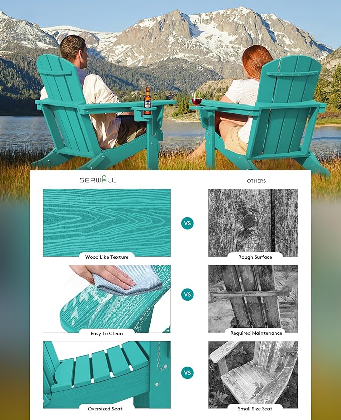 SERWALL Adirondack Chair with Cup Holders - Composite Adirondack Chairs Set of 4 HDPE Outdoor Chairs All Weather Use- Aruba