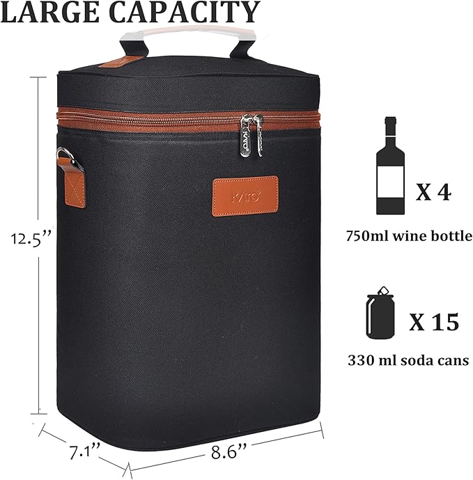 Tirrinia 4 Bottle Wine Gift Tote Carrier - Leakproof & Insulated Padded Versatile Wine Cooler Bag for Travel, BYOB Restaurant, Wine Tasting, Party, Dinner,Gift for Wine Lovers, Black