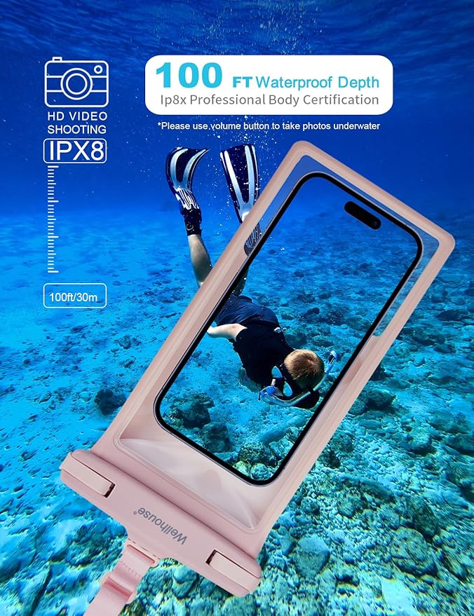 wellhouse Waterproof Phone Pouch, Waterproof Phone Case for iPhone 16 15 14 13 12 Pro Max XS Samsung, IPX8 3D Cellphone Dry Bag Beach Essentials (1 Pack - Pink8.0, 8 inch)