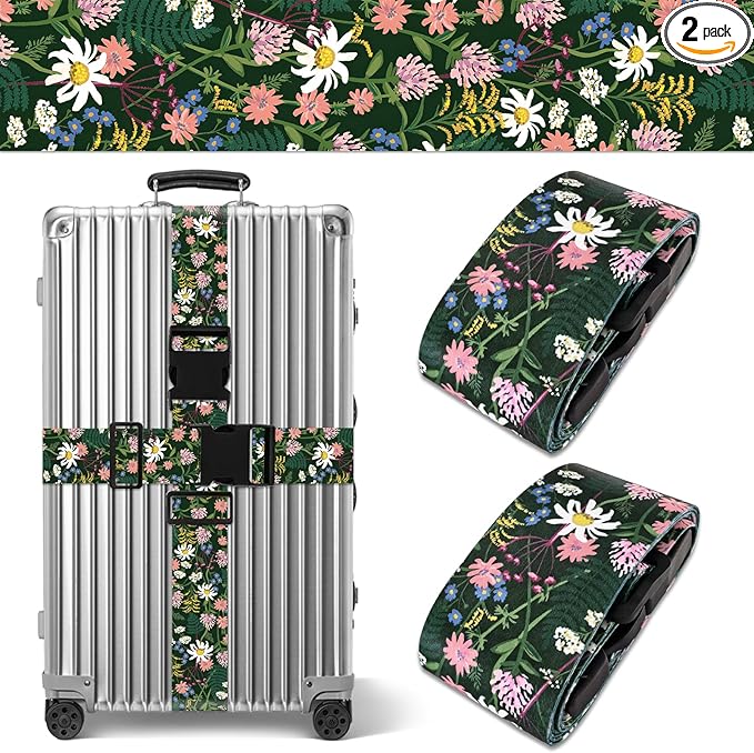 Wildflowers Luggage Straps for Suitcases TSA Approved, Luggage Identifiers for Suitcase, Adjustable Suitcase Strap for Baggage Security with Cute Patten, Travel Necessary Accessories (2Pack)