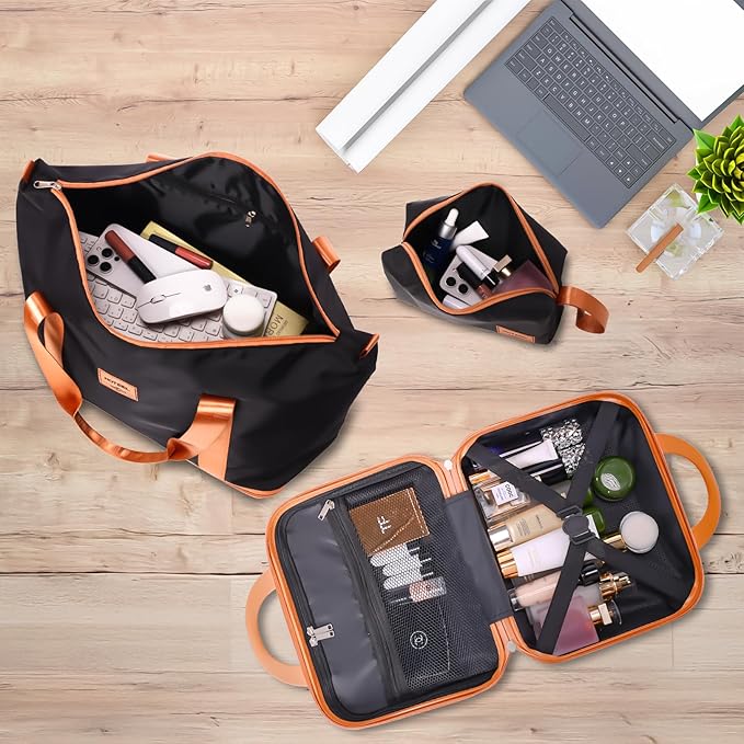 Hoteel 4 Piece Luggage Set (4-YEAR WARRANTY) with Spinner Wheels & TSA Lock, Carry on Luggage Hardshell ABS+PC, Travel Collection Suitcases Sets, Black(13/20",Travel Bag,Cosmetic Bag)