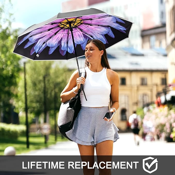G4Free 42 Inch Eco Windproof Folding Umbrella for Rain & Sun 9 Ribs Wind Resistant Strong Fiberglass Double Canopy with Reflective Strip for Women Men Auto Open Close For Car & Backpack