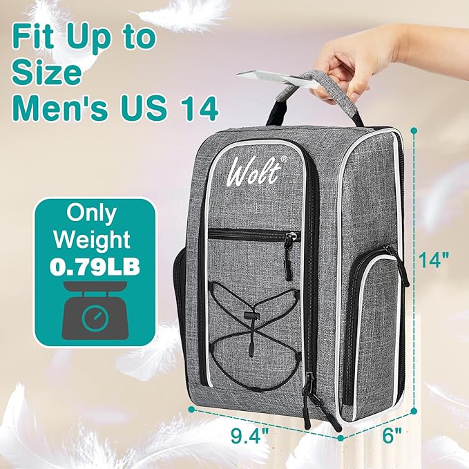 Wolt 2 Pcs Golf Shoe Bag for Travel- Zippered Shoes Carrier Bags with Ventilation & Double Outside Accessory Pocket for Socks, Tees, Golf Balls, etc. for women and men (Black+Grey)