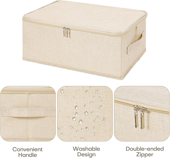 ANMINY Storage Bins with Zipper Lids 13 Qt Lidded Fabric Storage Boxes Baskets Cubes with Handles Collapsible Washable Cotton Linen Closet Shelf Clothes Organizer Containers - Beige, Small