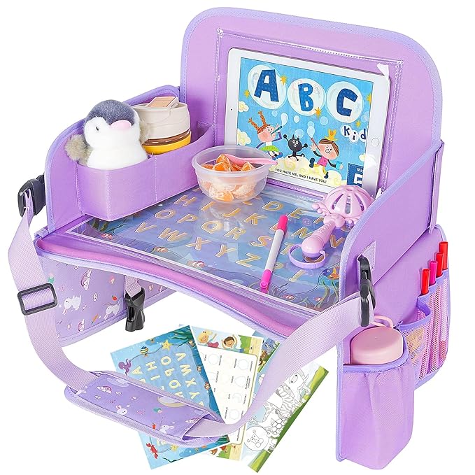 MENZOKE Car Seat Tray for Kids Travel, Kids Travel Tray with Educational Drawing Board, Tablet Holder & Cooler Cup Holder, Holiday Gifts for Car Trip, Purple