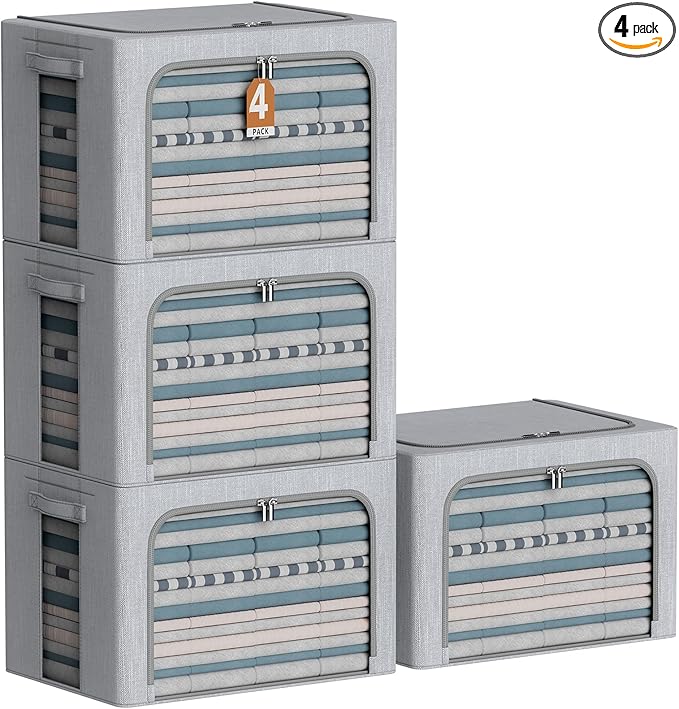 4 Pack Clothes Storage Bins with Metal Frame - Linen Fabric Foldable Stackable Container Organizer Set with Clear Window & Carry Handles & Zippers (Light Grey, 23.6"x16.5"x15.7")