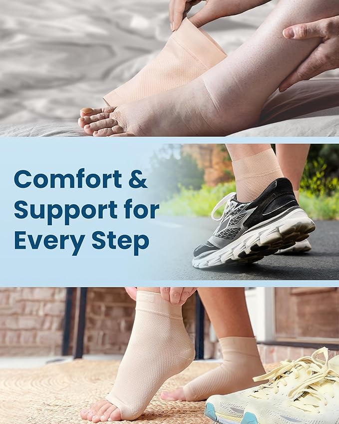 KEMFORD Ankle Compression Sleeve with Cooling Effect - Plantar Fasciitis Braces - Open Toe Compression Socks for Swelling, Sprain, Neuropathy, Arch Support for Men and Women - M, Beige