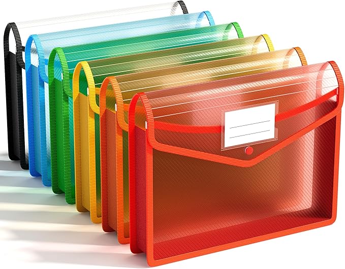 ABC life 6 Pack Plastic Expanding File Folder, Folders for Documents with Snap Closure, Colorful File Folder Organizer Holder, Transparent Accordion File Pouch,Large Capacity, Fit Letter/A4 Size