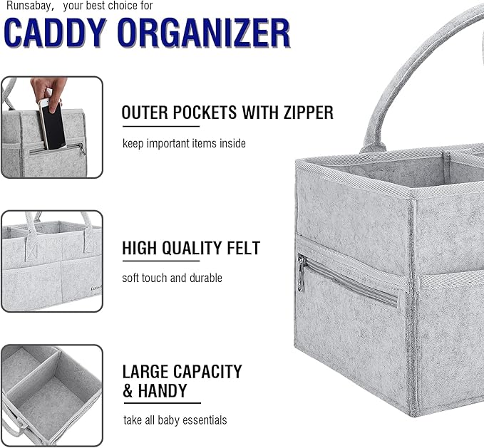 Runsabay. Nursery Basket-Baby Diaper Caddy Organizer for Changing Table-Portable Holder Tote Bag-Car Organizer with Removable Divider-Best Shower Gift Basket for Newborns Registry- Grey & Large Size