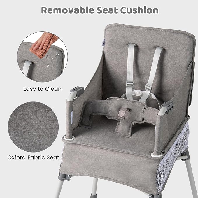 INFANS Baby High Chair, Foldable Portable Highchair for Babies and Toddlers with Travel Bag Adjustable Tray, 5 Point Harness, Compact Space Saver Infant Feeding Chair for Age 6-36 Months (Grey)