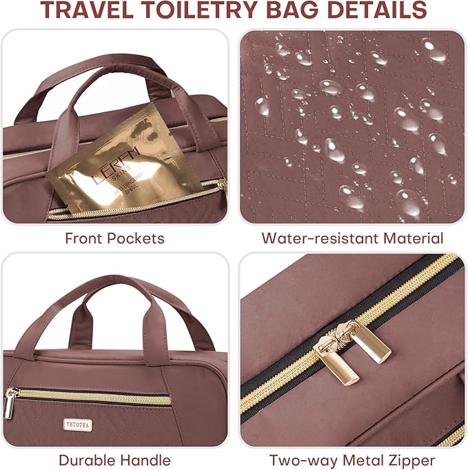 Hanging Toiletry Bag for Women Travel, 2 Sizes Large & Small Waterproof Cosmetic Organizer with 4 Compartments, Rotating Hook, Foldable Pink Travel Bag for Toiletries & Makeup Red Sandalwood