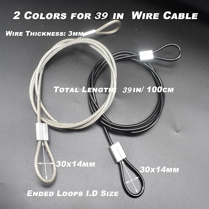 6 pcs 39 inch (100cm) 3mm Thickness Stainless Steel Wire Cable with Loops Vinyl Cover Coated Short Rope Lanyard Lock Safety Tether Chains, Black