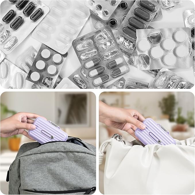 Travel Pill Organizer Box with Medicine Labels, 7 Compartments Portable Pill Case, Daily Medication Organizer Storage Pill Container for Pocket Pharmacy(Purple, L)