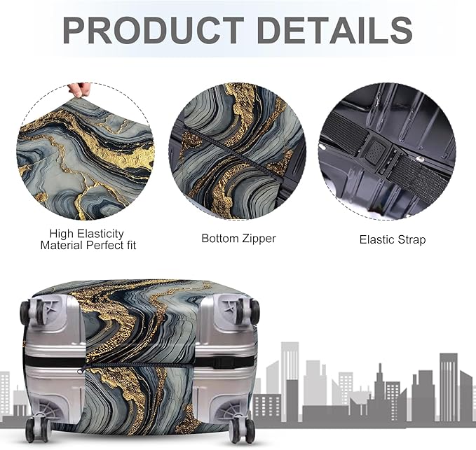 ANNA QUEEN Luxury Marble Gold Luggage Cover, Elegant Black & Grey Suitcase Protector with Faux Gold Vein Design, Stretchable, Washable Spandex Cover for 24-26 Inch Luggage