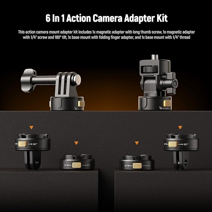 Neewer 6 in 1 Action Camera Mount Kit, Compatible with Hero 13 12 11 Max DJI Osmo Action Insta360, Metal Magnetic Quick Release Mount with 1/4" Thread & Folding Fingers for POV Shots, GP-23