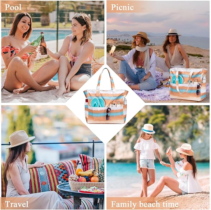 LEDAOU Beach Bag Waterproof Sandproof Women Tote Bag Pool Bag with Zipper for Gym Grocery Travel with Wet Pocket