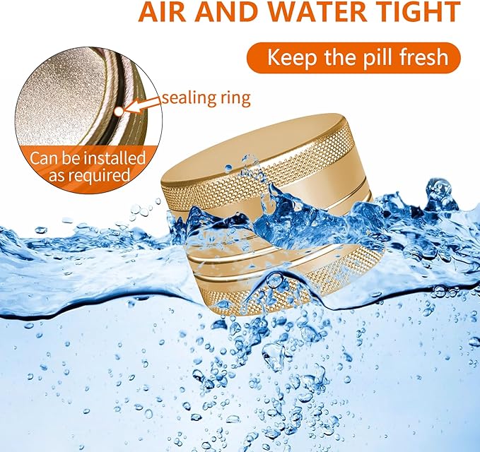 Small Pill Box, Portable Daily Box, Aluminium Alloy Round Container for Pills, Pocket Case (Gold)