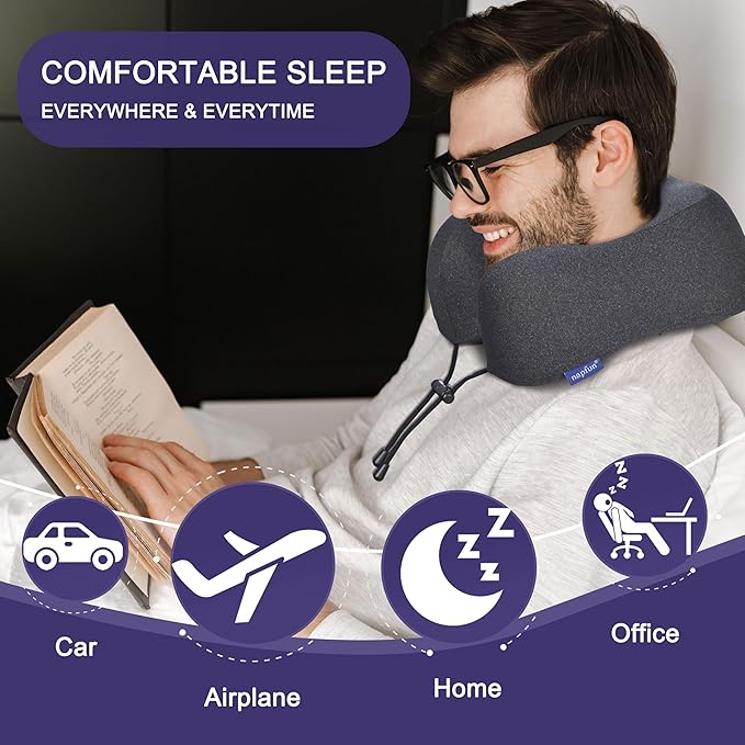 napfun Travel Pillow, Travel Accessories & Travel Essentials for Airplane Upgraded 100% Pure Memory Foam Travel Neck Pillow for Flight Headrest Sleep, Portable Plane Necessities, Full Black