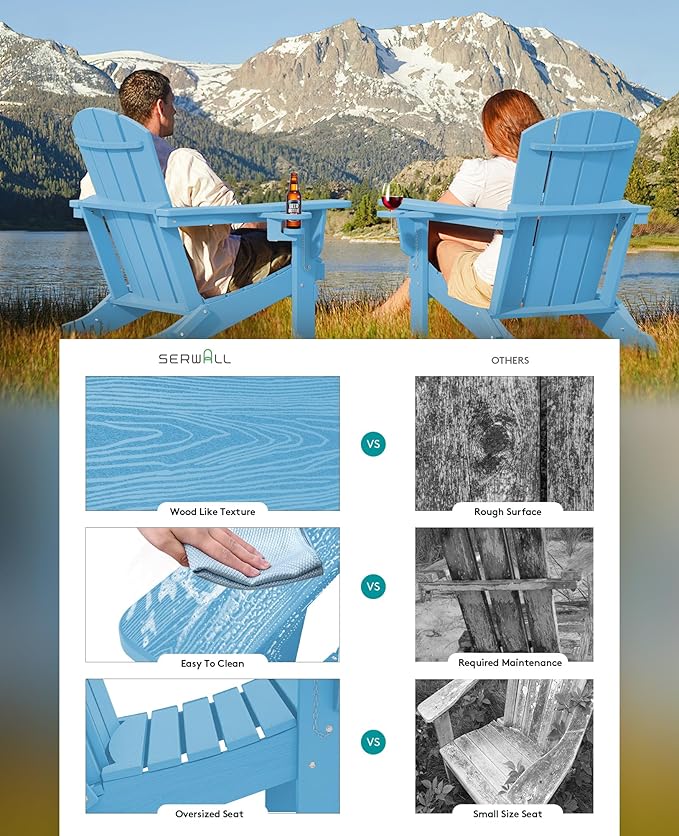 SERWALL Adirondack Chair with Cup Holders - Composite Adirondack Chairs HDPE Outdoor Chairs Set of 2 All Weather Use- Light Blue