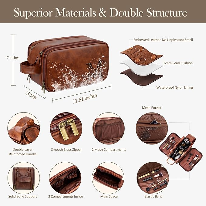 Personalized Leather Toiletry Bag for Men - Double Layer Reinforced Handle,Large Water Resistant Shaving Dopp Kit,Travel Essential,Wedding Groomsmen Gift
