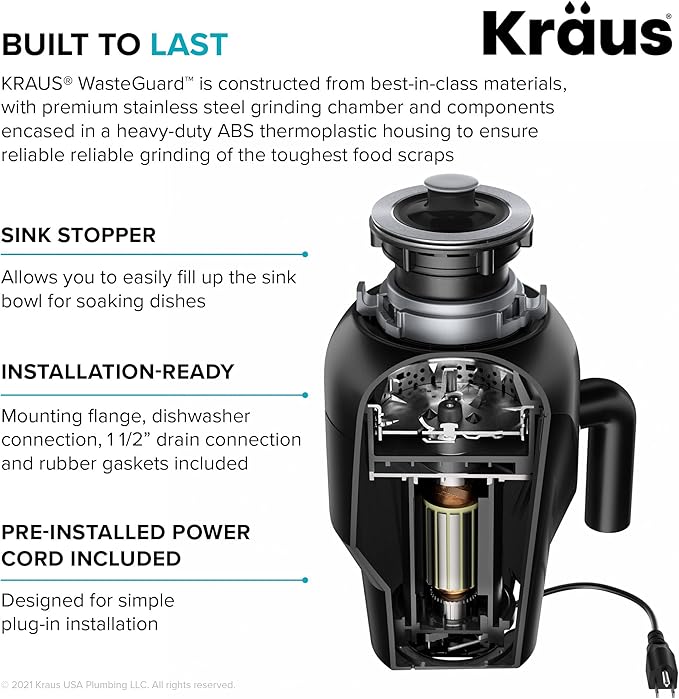 KRAUS Forteza™ 33” Dual Mount 60/40 Double Bowl Granite Kitchen Sink in Black with WasteGuard™ Continuous Feed Garbage Disposal, KGD-50BL-100-75MB
