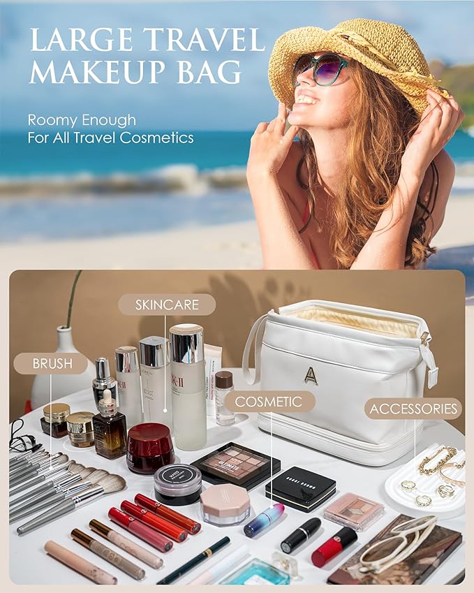Bridesmaid Gift, Initial Makeup Bags, Personalized Double Layer Cosmetic Bag with Makeup Brush Organizer, Waterproof, Large Capacity PU Leather Travel Toiletry Bag