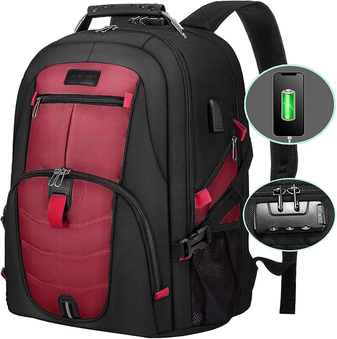 LOVEVOOK Travel Laptop Backpack Waterproof Anti Theft with Lock and USB Charging Port Large Computer Business Backpack for Men Women College (15.6 inch,Red)