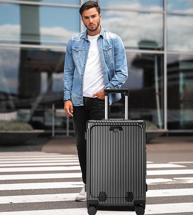 feilario 24in Aluminium Frame PC Hard Shell Spinner Wheels Luggage, Built-In TSA lock Carry on Suitcase, with Cup Holder, USB Port, Phone Holder
