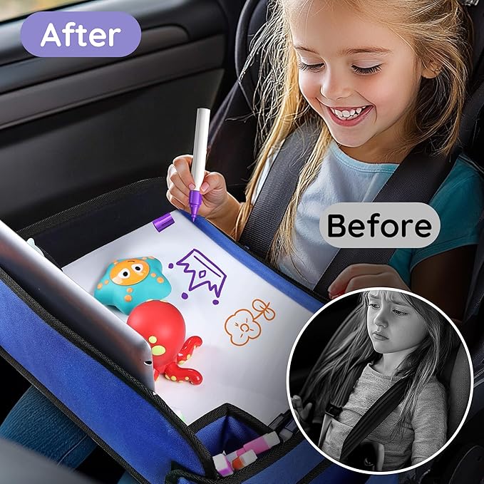 Kids Travel Tray, Kids Travel Trays for Car Seat, Road Trip Essentials for Toddler, Carseat Lap Tray with Dry Erase Board & Storage Organizer for Road Trip Activities for Kid, Blue