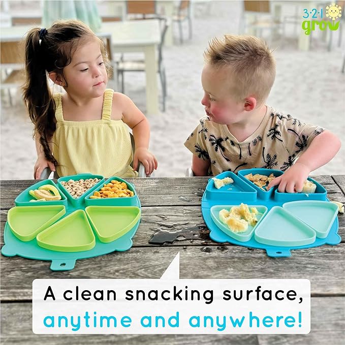 On-The-Go Snack Mat – Baby Silicone Travel Dining Placemat – Portable Silicone Toddler Plate – Reusable Snack Container with 3 Compartments and Lids for 6 Months + (Aqua)