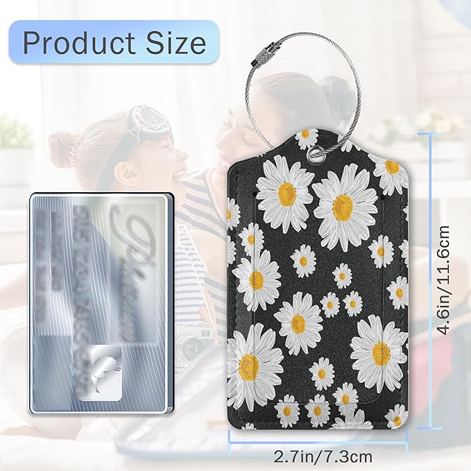 Daisies Luggage Tags,2 Pack Luggage Tag,Leather Privacy Cover ID Label with Stainless Steel Loop for Women Men Kids Girls Travel
