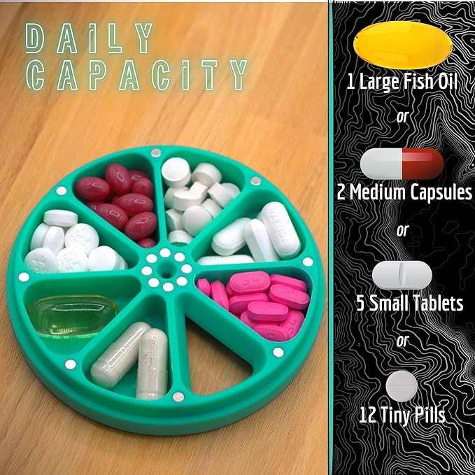 Travel RX Pill Case by Type Two Labs – Weekly 7 Day Pill Box, Compact Magnetic Pill Organizer for Purses or Pockets, Rugged Daily Caddy Holds Vitamins, Supplements, Medication. (Hazard Orange)