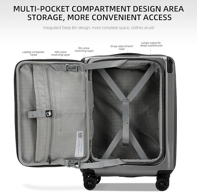Carry On Luggage, 20 Inch Top Opening Aluminum Frame Lightweight Airline Approved ABS+PC Hard Shell Suitcases with Silent Wheels, TSA Lock, Front Pocket & Wet-dry Separated Six-piece Set