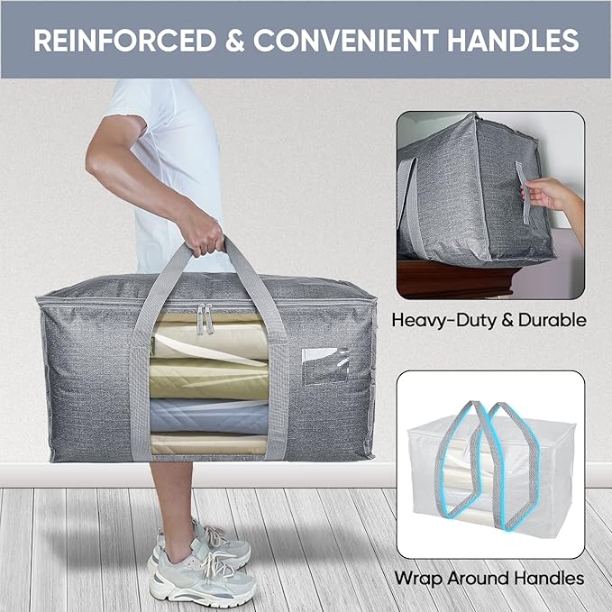 BALEINE 2-Pack Oversized Moving Bags with Reinforced Handles, Heavy-Duty Storage Tote for Clothes, Moving Supplies (Grey with Window, 2-Pack)