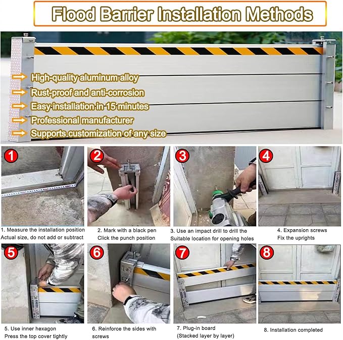 Reusable Flood Barrier, 3/4/5/6/7/8/9/10/11/12/13ft Long Heavy Duty Aluminum Water Barrier Shield for Sliding Glass Door/Driveway/Home Doorway, Removable Stopper Shield with Rubber(H 2ft(6