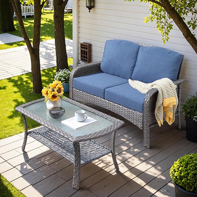 HOOOWOOO Patio Furniture Set,Outdoor High Back Loveseat Set,All Weather Wicker 2-Seater-Sofa Love Seat with Long Table,Denim Blue
