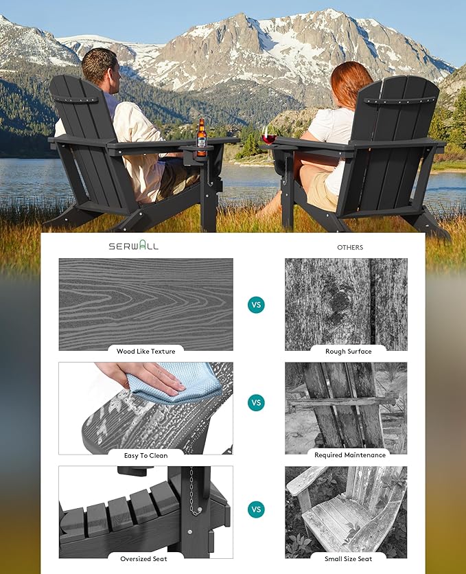 SERWALL Foldable Adirondack Chair Set of 6, HDPE Adirondack Chair with Wood-Texture-Gray