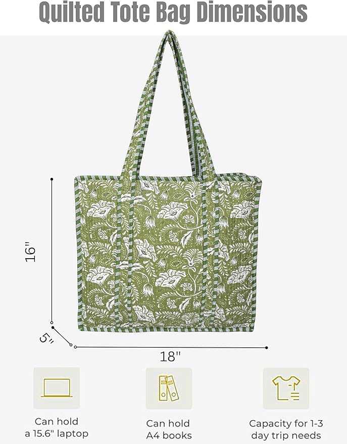 Cotton Quilted Tote Bag for Women – Large Beach & Travel Tote with Zipper, Reusable Grocery Bag