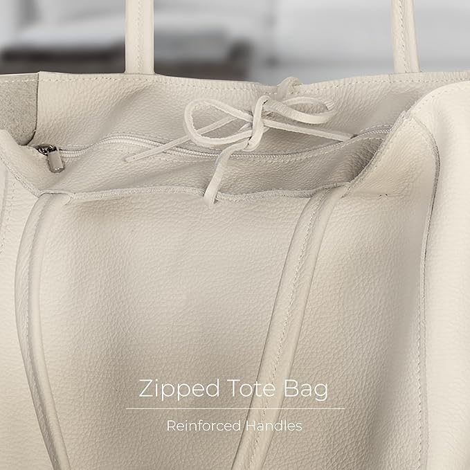 Italian Calf Leather Tote for Women with Zipper, Inner Pocket & Flat Base | Soft Unlined Shopper for Work & Travel