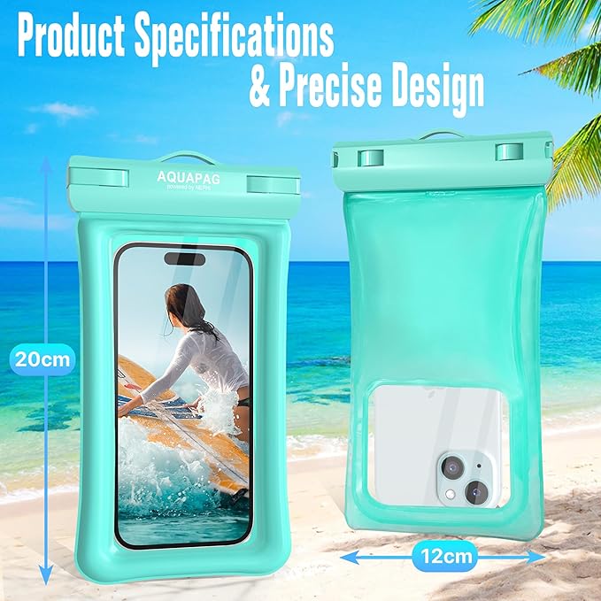 NEPHI IP68 Waterproof Phone Pouch 2 Pack-Up to 8.0"，Adjustable Neck Lanyard Floating Waterproof Phone Case for iPhone,Phone Dry Bags for Vacation Beach Pool Travel Essentials (Aqua Green white 4 pack)