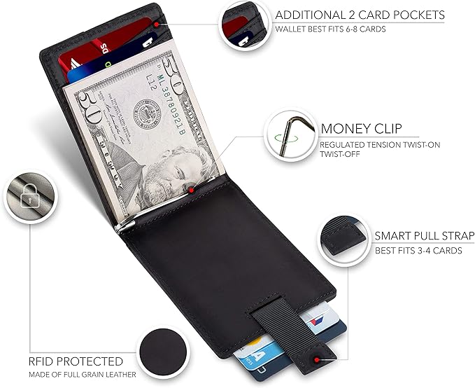 SERMAN BRANDS RFID Blocking Slim Bifold Genuine Leather Minimalist Front Pocket Wallets for Men with Money Clip Thin Gift