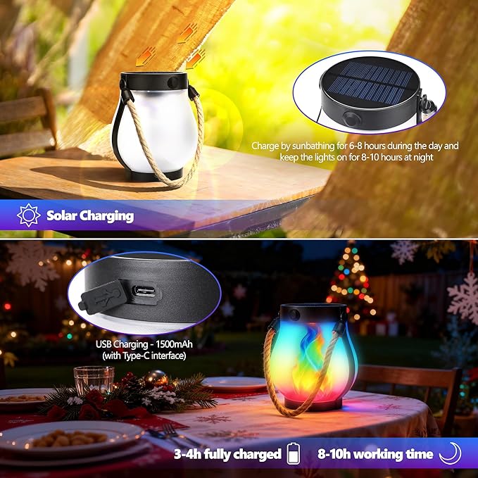 Christmas Solar Flame Lanterns Hanging Outdoor Waterproof - 2 Pack Flame Lanterns with Dual Charging Modes of Solar & USB for Garden or Yard Christmas Decorations (Multicolor - 2 Pack)