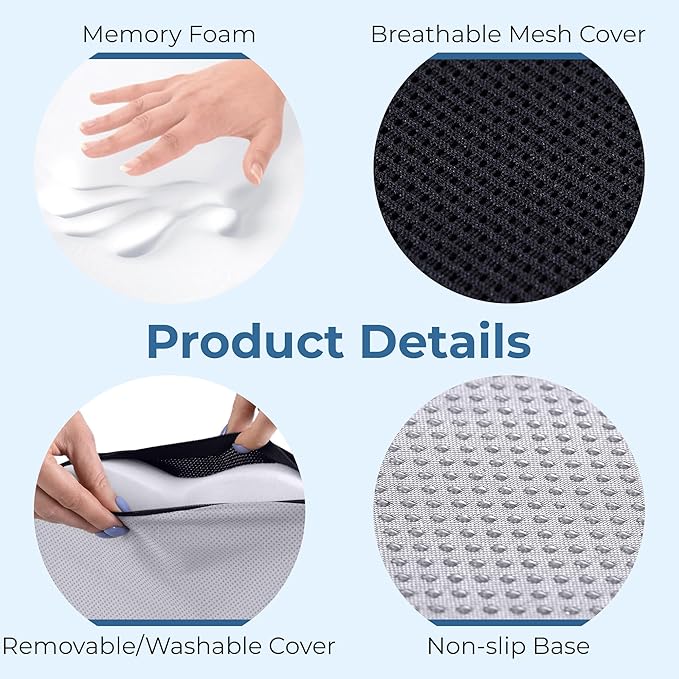 5 STARS UNITED Seat Cushion for Tailbone Pain Relief – Large Memory Foam Cushion for Coccyx, Hip, Sciatica & Post-Surgery Recovery – Wheelchair, Car, Desk, Gaming & Office Chairs, Black