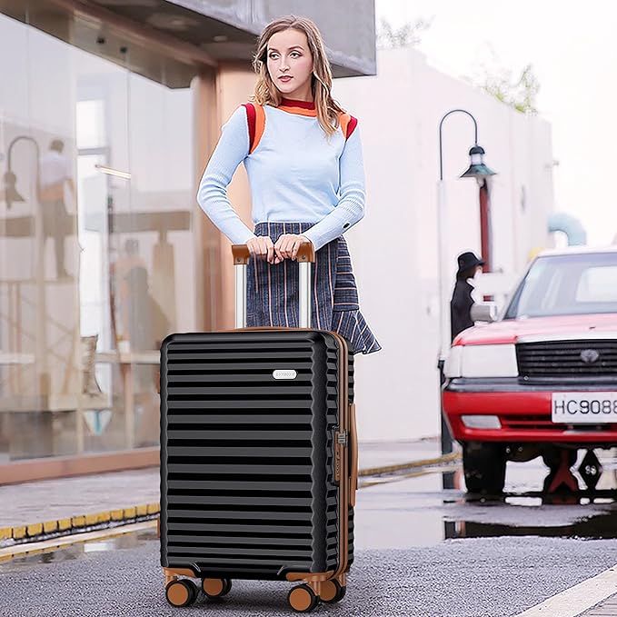 SHOWKOO Suitcase Hardside Expandable Luggage Set, Suitcase with Double Spinner Wheels TSA Lock 3 Piece Luggage Set Black (DB/TB/28in)