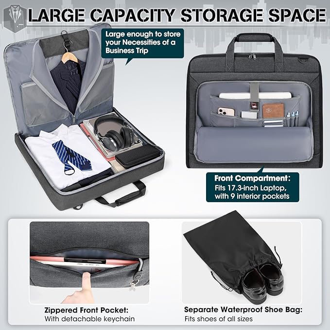 RAINSMORE Garment Bags for Travel Carry On Garment Bag for Hanging Clothes, Suit Bag for Business Trips with Shoes bag & Shoulder Strap, Waterproof Foldable Suit Luggage Bag for Men Women, Gray