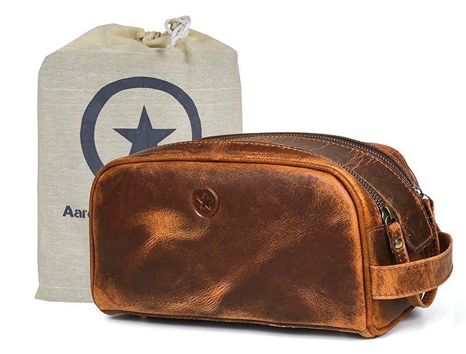 10" Premium Leather Toiletry Travel Pouch With Waterproof Lining | King-Size Handcrafted Vintage Dopp - Kit ~ Gift for Father's Day By Aaron Leather Goods (Copper)