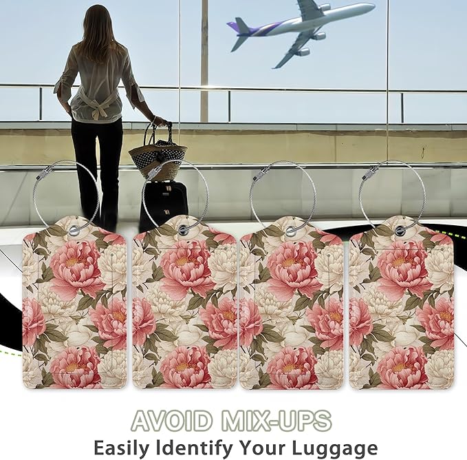 2 Pcs Peony Pink Flowers Retro Luggage Tags,Cruise Luggage Tag with Privacy Flap,Name Id Label and Steel Loop for Women Men Travel Bag Suitcase