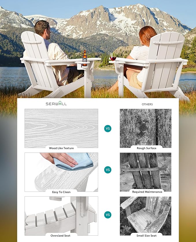 SERWALL Adirondack Chair with Cup Holders - Composite Adirondack Chairs Set of 2 HDPE Outdoor Chairs All Weather Use- White